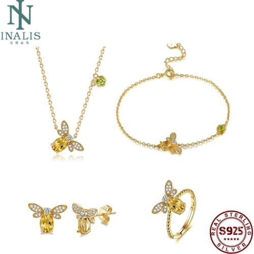 INALIS Cute Bee 925 Sterling Silver Pendant Necklaces Ring Stud Earrings Link Bracelets Women Romantic Female Set Fine Jewelry