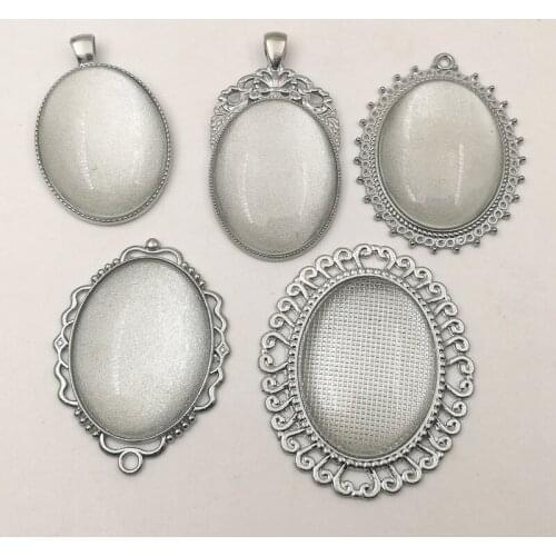 SIXTY TOWFISH 2 sets/lot White k Color Alloy Pendant Oval Cameo base Setting +30*40mm Clear Glass Cabochons Combination