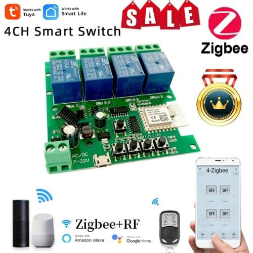 4CH Zigbee Smart Light Switch Module DC 5/12/32V RF433 Receive 10A Relays Work With Alexa Google Assistant,Tuya Smart Life