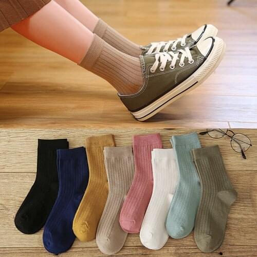 10 Pairs Per Set Japanese Fashion Womens Socks Pure Cotton Vertical Bar Solid Color Womens Socks Factory Wholesale