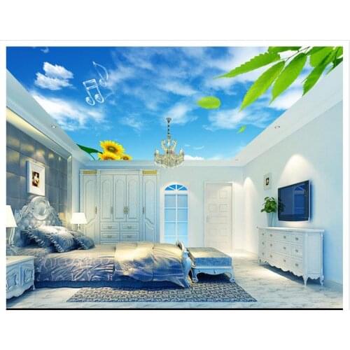 Custom ceiling murals 3d zenith mural wallpaper blue sky and white clouds, green leaves of sunflower zenith mural wall decor