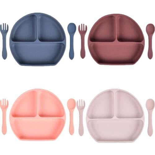 Suction Plate+Spoon+Fork Tray Baby Bowl Set Baby Feeding Bowl Set Dinnerware Set Waterproof Silicone Dishes Training Plate