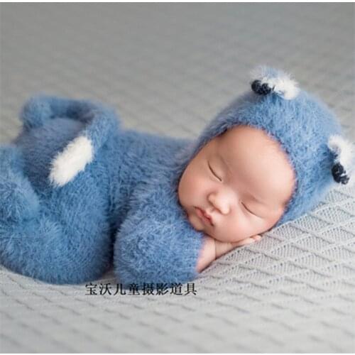 Fuzzy Knitted Angora Overall Bonnet set Photography Props Newborn Baby Romper Outfit Bonnet Photo props