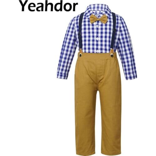 2Pcs Boys Wedding Suit Children Clothing Outfits Gentleman Bowtie Plaid Shirt + Suspender Pants New Years Baby Boy Clothes Set