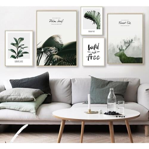 Modern Fresh Green Plant Animal Deer Picture Art Posters Nordic Decor Living Room Canvas Painting Decoration Wall Art Pictures