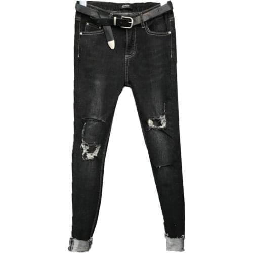 Women Plus Size 26-31 Casual Slim Stretched Denim Pencil hole Skinny high waist Jeans