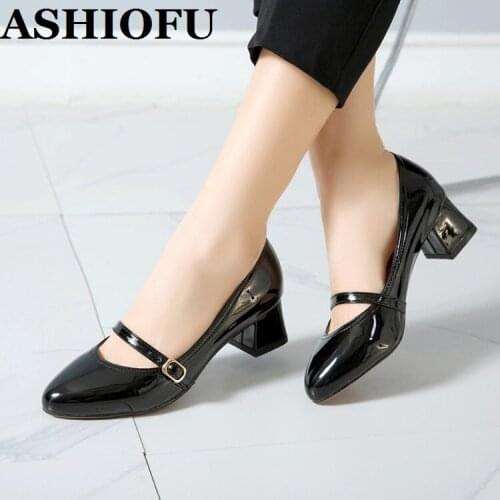 ASHIOFU Womens New Thick Blocked Heeled Pumps Patent Leather Simple Versatile Office Dress Mary Janes Style Fashion Court Shoes