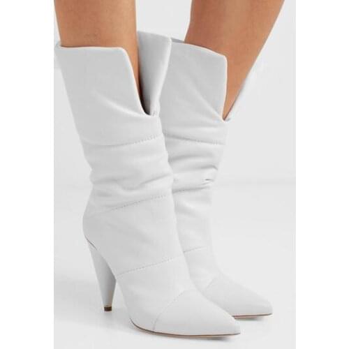 2018 Spring New White Solid Color Pointed Toe Spike Heels Slip On Mid-calf Short Boots Womens Off-white Leather Boots Lady