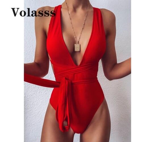 Sexy Deep V Collar OnePiece Swimsuit Female New High Cut Swimwear Women Summer Cross Bandage Beachwear New Backless Bathing Suit
