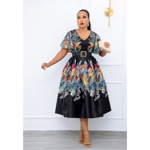 V Neck Black Office Lady Ruffles Colorful Leaf Print Evening Party Petal Sleeve 3XL Casual Plus Size Dress