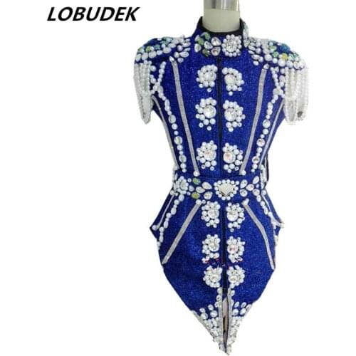 Customized Epaulet Beading Tail Dress Women Singer Dancer Sexy Fashion Stage Wear Bar Nightclub Performance Outfit Dance Costume