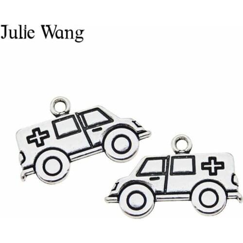 Julie Wang 10PCS Medical Ambulance Charms Antique Silver Color Escort Car Alloy Bracelet Jewelry Making Pendant Accessory