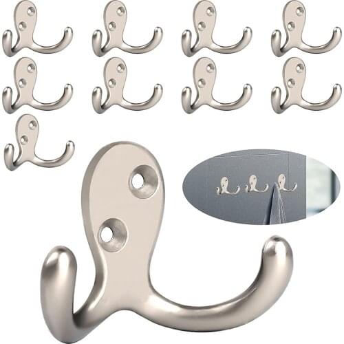 10 Pack Coat Hooks Great Heavy Duty Double Prong Utility Hooks for Wall Hanging Coats, Scarf, Bag, Backpack, Robe, Towel, Key