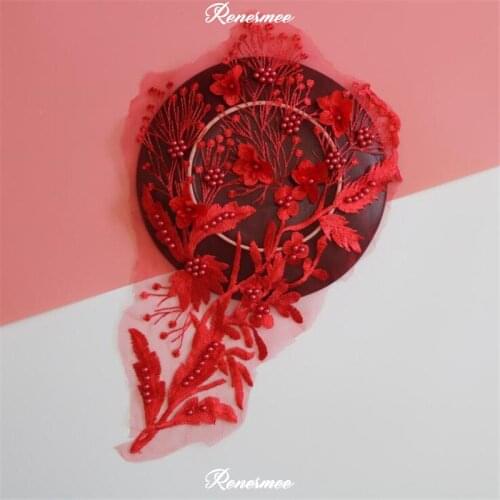 2Pcs Black Red Lace Applique Beaded 3D Flower Applique Embroidery Lace Trim Fabric Cloth Sewing Patchwork DIY Craft 42X25cm S190