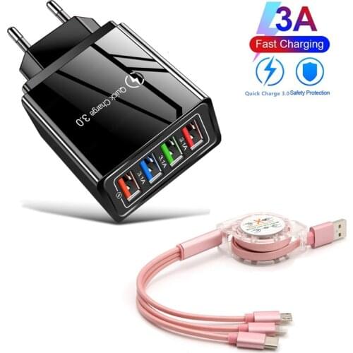 EU Fast Charging Adapter Phone Charger Quick Charge Adapter Universal 4 USB Ports QC3.0 With 3 in 1 Phone Charger Cable Wire 1M