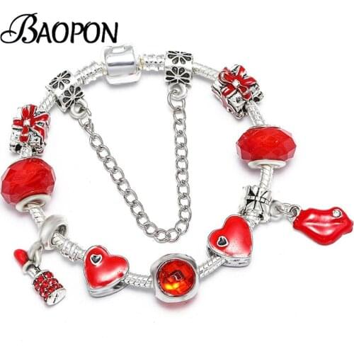 BAOPON Sexy Red Lips Lipstick Pendant Charm Bracelets With Snake Chain Fine Bracelet For Women Wedding Jewelry Gift Dropshipping