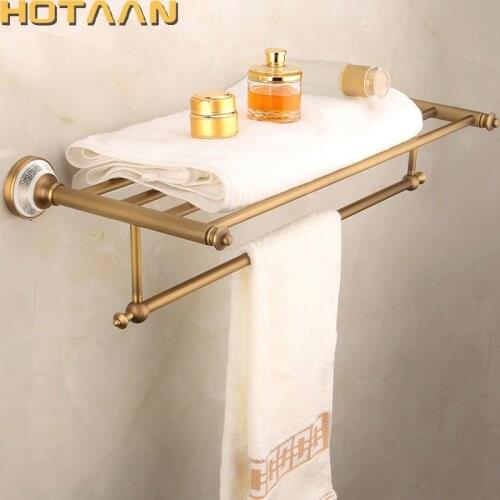 FREE SHIPPING, Solid Brass Bathroom Towel Rack, Antique Brass Towel Holder,60cm Corner Bath Towel Shelf Accessories,YT-13201
