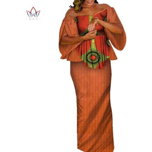 BRW Africa 2-Pieces Skirt Suit Real Wax Print Fabric Off- Shoulder Top & Ankle-Length Long Skirt Women Casual Cotton Suit WY8385
