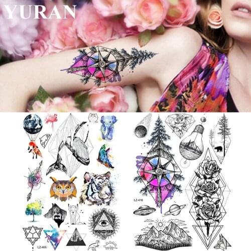 Flash Compass Tree Women Arm Wrist Sexy Waterproof Tattoos Temporary Women Geometry Flower Tatto Men Hill Fake Body Tattoo Paste