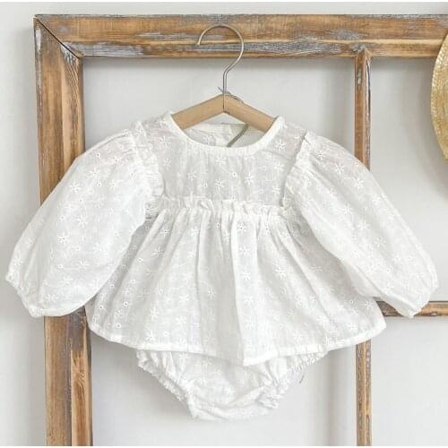 Korean Style Toddler Baby Girls Clothes Set Solid Flower Hollowed Out T-shirt+PP Shorts Spring Autumn Infant Baby Girls Clothing