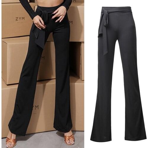 Latin Dance Costume Women Black Pants Lace-Up Bell-bottoms Ballroom Practice Wear Cha Cha Latin Competition Trousers DNV14258