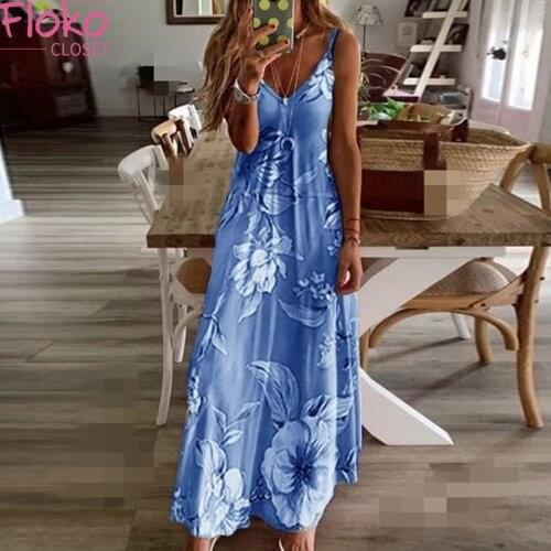 Flokocloset Summer Floral Print Spaghetti Strap Maxi Dress Casual V-Neck Vintage A-LINE Party Dress