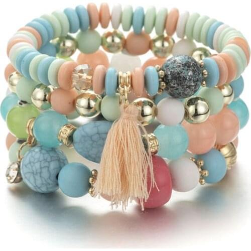 Fashion Colorful Multilayer Acrylic Glass Beaded Bracelets Boho Jewelry For Women Trendy Tassel Pendant Charm Bracelet feminina