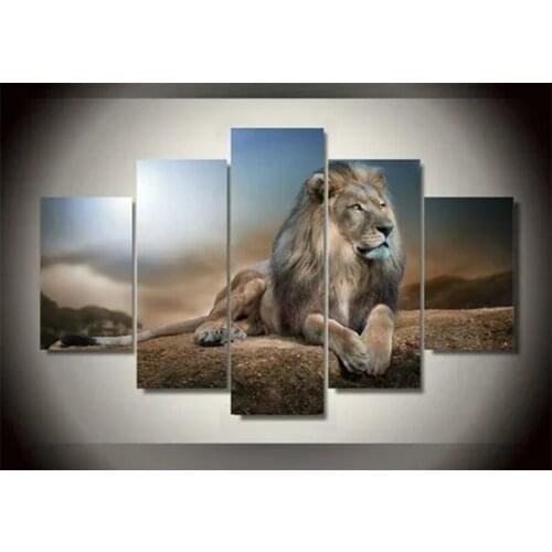 DIY Looking at the sky Of White lion 5 Panel Modular Diamond Paintings Diamond Cross Stitch For Living Room Home Decor