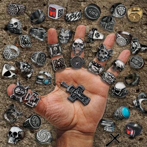 2021 Fashion New Mens 316L Stainless Steel Religious Cross Skull Feather Demons Ring Punk Gothic Biker Finger Rings Accessories