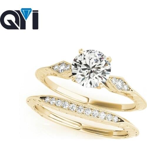 QYI 14K Solid Yellow Gold Engagement Ring Sets 1ct Round Cut Sona Simulated Diamond Bridal Jewelry Wedding Rings For Women