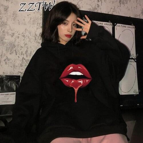 New Women Hoodies Red Mouth Lip Kiss Sweatshirt Autumn Winter Hoody Long-sleeved Vintage Round Neck Lady Streetwear Hoodie