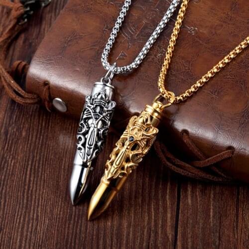 Hip-hop Gold Sliver Bullet Shaped Cremation Ashes Necklace Medieval Double Dragon Sword Ashes Urn Pendant Men Fashion Jewelry