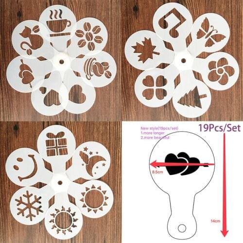 Coffee Printing Model Foam Spray Coffee Stencils Fancy Cake Stencils Coffee Drawing Cappuccino Mold Powdered Sieve Tools 19Pcs