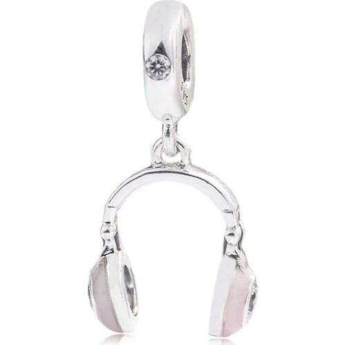 Authentic S925 Silver Bead DIY Jewelry Enamel Pink Headphones Dangle Pendant fit Pandora Bracelet Bangle