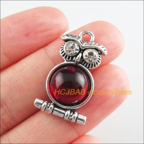 6Pcs Tibetan Silver Tone Animal Red Glaze Charms Owl Birds Pendants 16.5x28.5mm