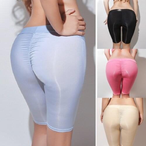 Sexy Women Oil Glossy Low Waist Five-Point Pants See Through Thin Knee Length Short Pants Sexy Candy Color Push Up Tight Legging