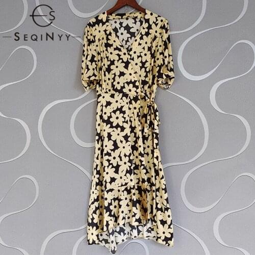 SEQINYY 100% Silk Dress Fashion Designer Summer Women Flower Printed Short Sleeve Elegant Mini