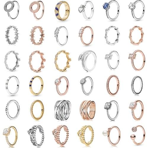 Silver Color Ring Charms Rose Gold Snowflakes Crown Pearl Arrow Blue Crystal Cz Round Finger Ring For Women Jewelry