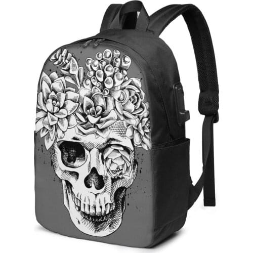 School Bag for Boy and Girl White Flower Sugar Skull Grey Backpack with USB Charging Funny Daypack For Teenager Student