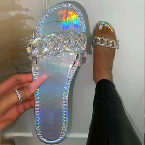 2021 New Summer Slides Flat Heel Mules Shoes With Chain Summer Women Beach Shoes Fashion Slipper Sandals TX400