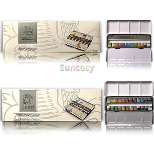 Winsor & Newton Professional Solid Watercolor Paint Set 12 Colors 24 Colors, Black Metal Case