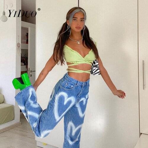 YiDuo Brown Loose E Girl Jeans Women Heart Print Y2K Vintage 90s Streetwear Denim Trousers 2021 Female Casual High Waist Pants