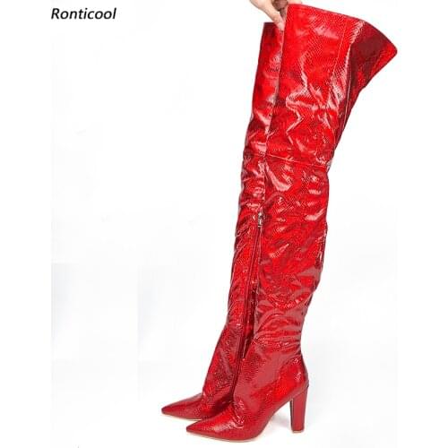 Ronticool Handmade Women Winter Thigh Boots Shiny Snake Block Heels Pointed Toe Pretty Red Night Club Shoes Women Us Size 5-15