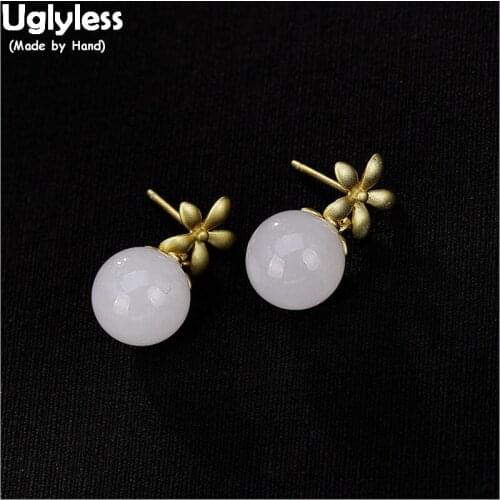 Uglyless 100% Real 925 Sterling Silver Handmade Flower Earrings for Women Gold Plated Fine Jewelry Natural Jade Balls Earrings