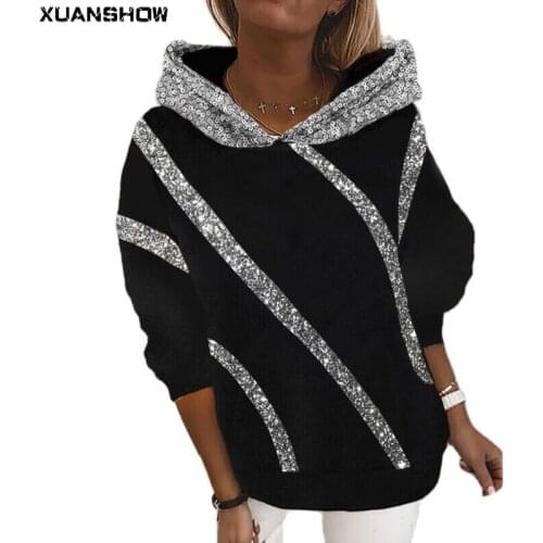 XUANSHOW 2021 Autumn Women Pullover Hoodie Sweatshirt Sequins Striped Patchwork Hooded Casual Sportswear Streetwear Coat Moletom