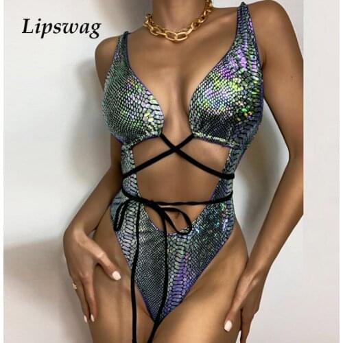 Sexy Hollow Colorful Flash One Piece Swimsuit 2021 Women Push Up Bandage Bow Bikini Swimwear Deep V-neck Beachwear Bathing Suit