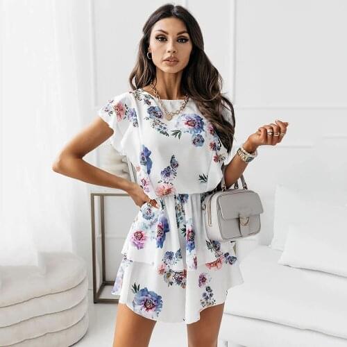 Summer Casual Ruffles Print Mini Dress Women Fashion Short Sleeve O-neck Loose Dresses For Women 2021 White A-line Robe Femme