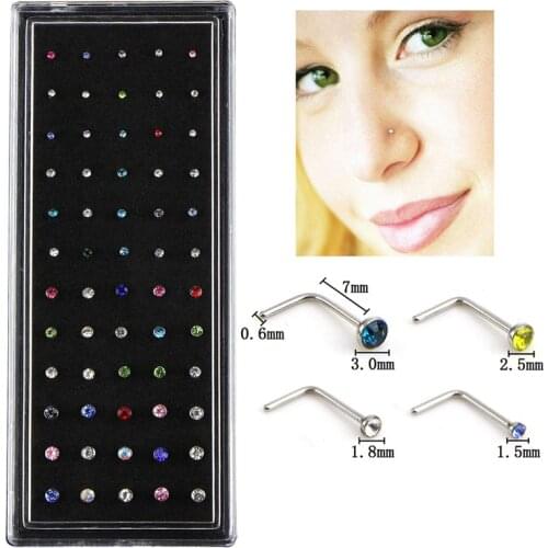 60pcs/lot Stainless Steel Crystal Rhinestone Nose Rings Body Jewelry Nose Studs Hooks Body Piercing Faux