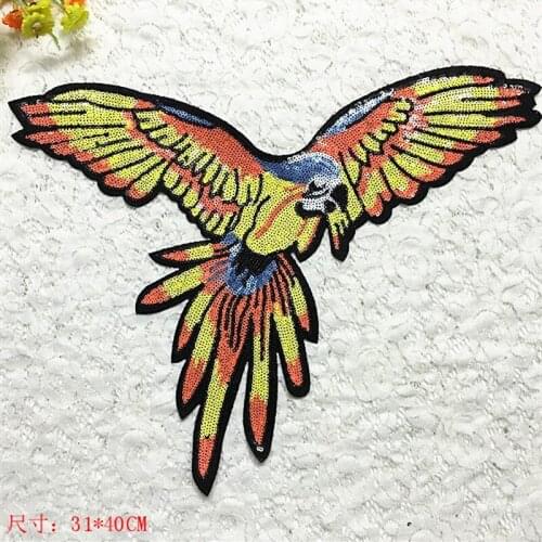 Clothing Accessories Sequins Large Parrot Bird Sew On Patch DIY Embroidered Applique Bling Bling Parrot for Decoration
