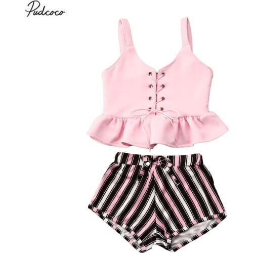 2020 Baby Summer Clothing Infant Kids Kids Baby Girl Sleeveless Solid Lace-up Top and Striped Shorts Set Bandage Outfit Set